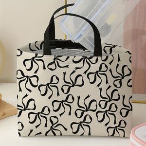 TEMU 검은색 리본 패턴 프린트 절연식 점심 가방, 손세탁 관리, 식품 접촉 없음, 재사용 가능한 점심 용기, 사무실, 직장, 해변 및 여행에 적합, 남성 및 여성에게 적합