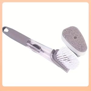 TEMU 대형 다기능 긴 손잡이 유압식 주방 냄비 스크러버 1개, 리필식 액체 디스펜서 포함 - 눌러붙지 않는 기름기 없는 세척, 인체공학적 손잡이, 냄비, 접시, 대야에 이상적, 가정 및 식당용으로 완벽, 호텔 주방 액세서리 | 스타일리시한 손잡이 디자인 | 튼튼한 브러시 헤드와 교체형 브러시 헤드 1개 및 스펀지 1개 3종 세트