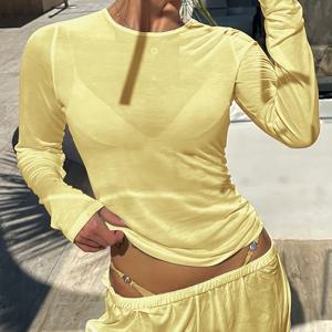 TEMU 여성용 간편 캐주얼 시어 라운드넥 긴팔 티셔츠, 신학기 시즌 필수템