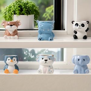 TEMU 배수 구멍이 있는 세라믹 만화 동물 화분 6개 세트, 창의적인 홈 가드닝 및 데스크탑 장식을 위한 귀여운 만화 다육이 화분. 가드닝 선물 홈 데코