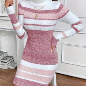 TEMU 슬림핏 롱 스타일의 패셔너블하고 우아한 여성 의류 1개, 컬러 블록, 간편한 하이넥, 다용도 드레스, 봄, 가을, 겨울 3계절 캐주얼 웨어