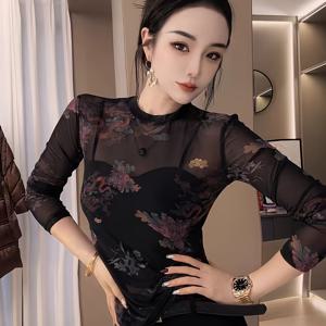 TEMU 레트로 스타일 신상 중국 프린트 니치 디자인 라운드넥 메쉬 가디건 여성 가을 신상 패션 하이엔드 스파이시 니치 슬림 앤 씬 유니크 탑