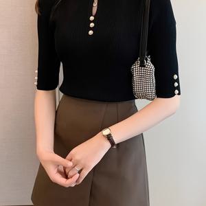 TEMU 2025년 신상 스타일, 가을에 적합, 다용도 여름 반팔, 우아한 하이넥, 속이 빈, 반팔 상의, 한국 스타일, 출퇴근에 완벽, 패셔너블, 슬림핏