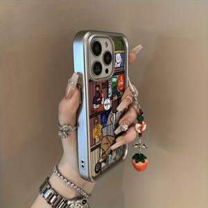 TEMU 휴대폰 케이스 - 애플 아이폰 11/12/13/14/15/16/17, 아이폰 16/15/14/13/12/11 Pro Max Xs/Xr/X/7/8/Plus 호환의 만화 스타일 투명 휴대폰 케이스 1개, 만화 캐릭터 1914ZY+G01 딸기 끈이 있는 전기 도금 반짝이는 무광 실버