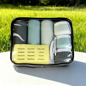 TEMU 여행용품 11종 세트, TSA 승인 여행용 세면도구 용기 세트, 누수 방지 재충전 가능 실리콘 병 3개, 크림 캔 3개, 액세서리 세트 3개, 스티커 1개, 투명 수납 가방 1개, 여행 시즌 필수품, 11개