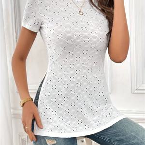 TEMU 여성용 캐주얼 반팔 티셔츠 - 가벼운 통기성 아이렛 컷아웃 디테일, 세미시어 라운드넥 롱라인 탑, 기계세탁 가능 솔리드 컬러 패션 베이직티, 우아한 심플티