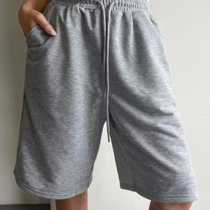 TEMU [아시아 사이즈] 스트리트 레트로 탄성 허리 와이드 레그 반바지 그레이 레그 5부 미드 팬츠 루즈 반바지