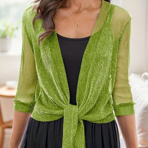 TEMU 우아하고 다용도 여성용 V넥 실버 메쉬 통기성 프론트타이 얇은 가디건, 스트랩리스 드레스 위 완벽한 레이어링 아이템, 샤울로도 적합, 봄, 여름 웨딩, 이브닝 이벤트 및 데일리웨어에 이상적