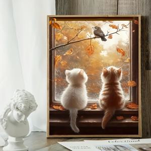 TEMU 새로운 5D DIY 페인팅 키트 1개, 창턱에서 풍경을 바라보는 두 마리 고양이 패턴, 라운드 풀 드릴 캔버스 아트 공예, 거실, 침실, 서재용, 할로윈 및 크리스마스 선물, 집 장식 벽 예술, 프레임 없음