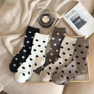 TEMU 여성용 레트로 물방울 무늬 양말 5켤레, 미드튜브 양말, 한국 패션, 신상 가을 겨울 밀라드 커피 색상 귀여운 물방울 장화