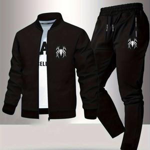 TEMU 밤 거미 프린트가 특징인 핏 좋은 남성용 재킷과 운동용 긴 바지의 투피스 세트입니다. 지퍼업 스타일이며, 부드러운 원단으로 제작되어 가을, 겨울 캐주얼 웨어에 적합합니다. 라운드넥 디자인입니다.