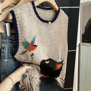 TEMU 여성용 민소매 스웨터 조끼 자켓 - 고양이 & 새 프린트 칼라 & 트림, 네이비, 루즈핏 라운드넥 코트, 가을 겨울용, 손세탁 가능한 우아한 아우터웨어