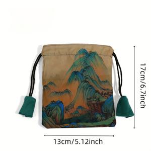 TEMU 왕심명의 천리강산 그림이 그려진 1개 보석 정리 파우치 - 실크 같은 원단, 플리스 안감, 끈 조임식, 귀걸이 및 목걸이용 직사각형 보관 가방, 여행용 - 우아한 생일 선물, 예술적 디자인의 고급스러운 느낌, 보석 롤