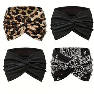 TEMU 매듭 디자인의 여성용 스타일 헤어밴드 4종 세트. 단색, 리본, /동물 프린트가 있는 솔리드 컬러로 제공되며, 통기성 좋은 폴리에스터 소재로 제작되어 요가, 러닝, 운동 및 캐주얼용으로 적합합니다.