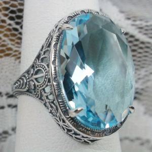TEMU 빈티지 합성 아쿠아마린 링 오벌 모양 시뮬레이션 블루 합성 보석 아르데코/빈티지 필리그리 링