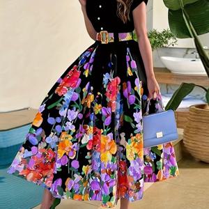 TEMU 새로운 여성용 플로럴 프린트 턴칼라 벨티드 웨이스트 패션 이지한 버튼 맥시 원피스