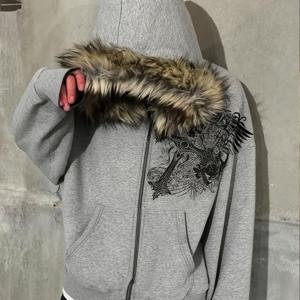 TEMU Y2K 스트리트웨어 빈티지 따뜻한 카디건 루즈핏 후드 스웨트셔츠 남녀공용, 겨울 패션 퍼 칼라 후드티, 스트리트 스타일 스컬 프린트 집업 후드티