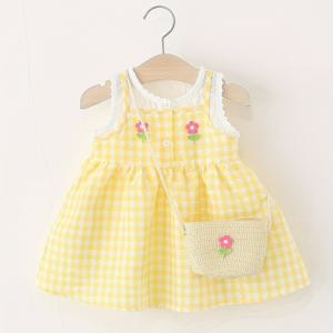 TEMU 여름 달콤한 옐로우 체크 드레스 아기 여아용, 라운드넥, 레이스, 민소매, 0-4세 유아에게 적합, 가방 포함