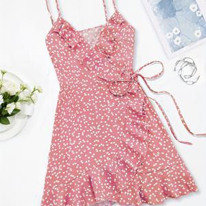 TEMU 여성용 하트 모양 프린트, 러플 헴, 타이 스트랩이 있는 여름 캐주얼 원피스