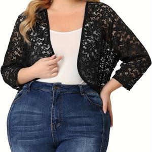 TEMU 플러스 사이즈 - 플러스 사이즈 - 플러스 사이즈 여성용 숏 카디건, 우아한 7부 소매와 쉬어 플로럴 레이스 숄이 특징입니다.