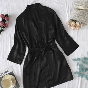 TEMU 우아한 단색 여성 로브 - V넥, 긴소매, 벨트 포함, 섹시한 숏 로브, 목욕 가운, 새틴 부드러운 인조 원단, 신부 브라이덜 모닝 로브 (신부 들러리용), 잠옷 파티 의상, 캐주얼 패션 디자인, 성인 파자마 라운지웨어