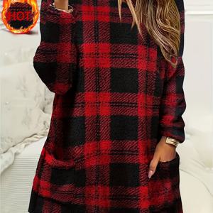 TEMU 여성용 따뜻하고 편안한 미디 길이의 두꺼운 플러시 라운지웨어, 긴소매 및 클래식 체크무늬