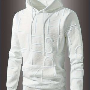 TEMU 남성 캐주얼 블랙 후드 스웨트셔츠, 엠보싱 레터 디자인 - 부드러운 긴소매, 드로스트링 후드와 캥거루 포켓, 봄/가을 시즌에 적합, 오버사이즈 후드티