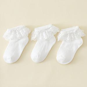 TEMU 흰색 양말 3켤레, 통기성 좋은 메쉬 양말, 작은 공주 레이스 양말, 플리 양말