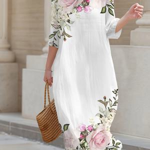 TEMU 플러스 사이즈, 여성용 빈티지 반투명 플로럴 프린트 맥시 드레스 - 3/4 소매 - 라운드넥 라인 드레스, 봄 여름 가을에 적합, 캐주얼 웨딩 파티 의상, 세탁기 사용 가능한 루즈핏 롱 드레스