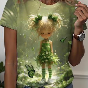 TEMU 여성용 캐주얼 반팔 티셔츠 - 그린 엘프 & 나비 꽃무늬, 100% 폴리에스터 기계 세탁 가능, 라운드 넥 봄 여행 및 캐주얼 의상, 계절별 옷차림, 환상적인 디자인, 쉬운 관리, 프린트 탑, 패션 애호가