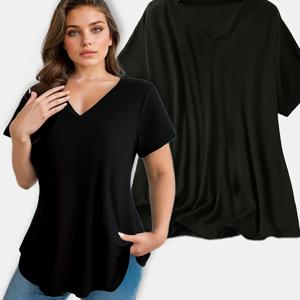 TEMU 플러스 사이즈, 여성용 V넥 캐주얼 티셔츠 - 부드러운 스트레치 핏, 통기성 좋은 반팔 플레어드 헴 탑, 봄 여름 가을 캐주얼 웨어, 기계 세탁 가능 블랙 티, 다재다능한 의류, 롱라인 실루엣, 내구성 있는 편안함