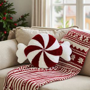 TEMU 수제 플러시 원형 베개 커버 1개, 17.7*17.7인치, 자수 베개 커버, 크리스마스 한정판 사탕 모양, 가는 막대, 풍차 쿠션 커버, 장식, 선물용 베개 커버, 거실, 침실, 서재, 자동차에 적합