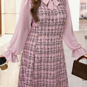 TEMU 플러스 사이즈, 컬러 블록 프린트 쉬폰 롱 슬리브 우아한 패션 드레스