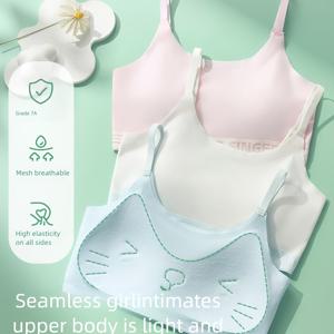 TEMU 3pcs 세트, 소녀용 사각컵 이너웨어, 학생용 스트랩리스 베스트, 무봉제와 편안한 캐릭터 고양이 디자인의 여아용 속옷, 통기성 있는 운동복