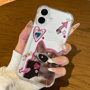 TEMU 휴대폰 케이스 - 귀여운 고양이 패턴의 휴대폰 케이스, 낙하 방지 기능, 카드 및 사진 보관 가능, iPhone 17 Air, 17 Pro Max, 17/16, 17 Pro, 16 Pro, 16 Pro Max, 15 Pro, 15 Pro Max, 14, 14 Pro Max, 13, 12, 11, XS Max, XR 호환