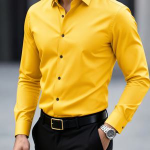 TEMU 남성 비즈니스 캐주얼 긴팔 셔츠, 솔리드 컬러 턴칼라 프론트 오픈 버튼업 셔츠