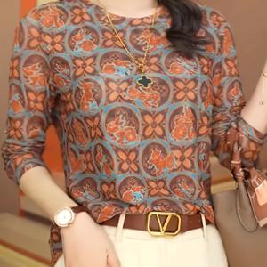 TEMU 기하학 프린트 올시즌 여성용 라운드넥 긴팔 티셔츠, 패션 캐주얼 엘레강스 티