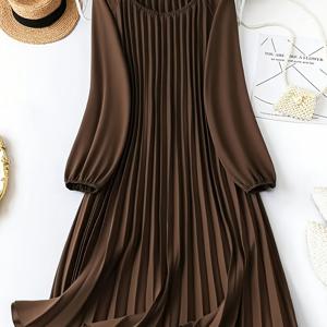 TEMU 여성용 우아한 솔리드 컬러 A라인 드레스 - 퍼프 소매 긴팔 라운드넥 드레스, 세탁기 사용 가능한 솔리드 컬러 웨딩 게스트 가운, 파티 웨딩 연회용, 봄 여름 가을 정장