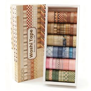 TEMU 42롤 체크 무늬 와시 테이프 세트, 스크랩북, 정크 저널 용품, 불렛 저널링 공예, 선물 포장용 브라운 장식 테이프