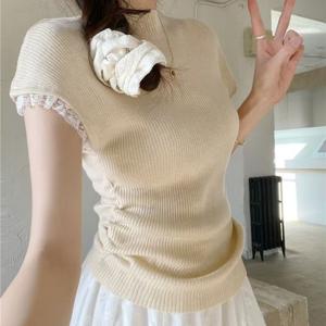 TEMU 여성용 여름 플리츠 슬림핏 인너웨어 디자인 센스 레이스 스플라이싱 라운드 넥 반팔 티셔츠