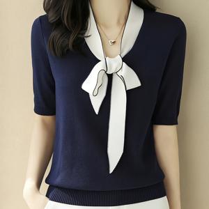 TEMU 2026 봄/여름 신상 타이보우 탑 V넥 리본 컬러블록 오브닝 소매 루즈핏 여성 스웨터