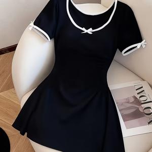 TEMU 여성용 여름 라운드넥 반팔 드레스 - 슬림핏 허리라인, 대비 컬러 리본 디테일