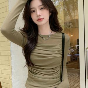 TEMU 여성용 스타일리시 반팔 탑, 긴소매, 라운드넥, 메쉬 및 플리츠 장식