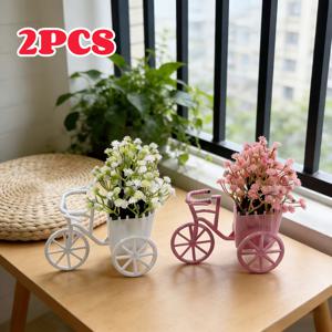 TEMU 인조 꽃 바구니가 달린 미니 플라스틱 삼륜자동차 2개 세트 - 홈 데코용 장식용 인조 꽃 카트, 실내 및 실외 전시에 적합
