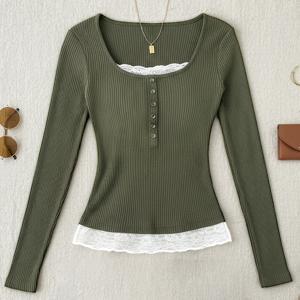TEMU D5680 가을/겨울 트렌디 여성용 라운드넥 레이스 스플라이스 긴팔 티셔츠, 대비되는 색상, 활용도 높은 캐주얼 패션 상의