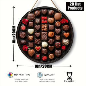 TEMU 2D 플랫 - 발렌타인데이를 주제로 초콜릿과 장미 패턴이 있는 2D 플랫 원형 나무 장식 간판, 튼튼한 나무로 제작, 정교하게 제작, 붙일 수 있거나 걸 수 있으며, 걸이 로프가 포함되어 있습니다. 바, 주방, 카페 장식에 적합합니다.