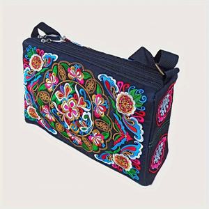 TEMU 에스닉 스타일 자수 가방, 3단 지퍼 캔버스 가방, 여성용 사각 크로스바디 백, 대용량