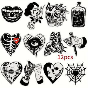 TEMU 12개입 신상 크리에이티브 다크 고딕 스타일 해골 세트, 옷, 신발, 모자, 가방 및 장식용 자수 패브릭 패치 (다리미 또는 바느질 가능)