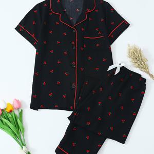 TEMU 여성용 반팔 및 긴 바지 블랙 체리 프린트 파자마 세트