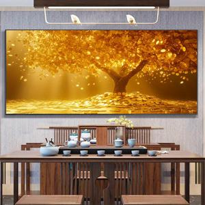 TEMU 2D 평면, 1개 모던 추상 머니 트리 벽 예술 - & 잎사귀 금융 포스터 그림, 접착식 뒷면 걸기 적합, 수평 캔버스 부자 상징, 사무실, 침실 - 프레임리스 장식